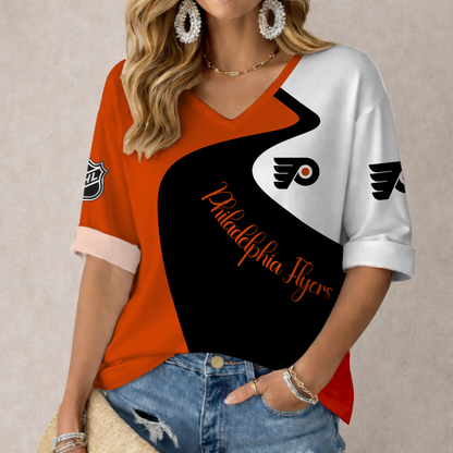 LIMITED EDITION - NEW CUSTOMIZED NHL27 PPF PHILADELPHIA FLYERS WOMEN'S V-NECK LONG SLEEVE SHIRT