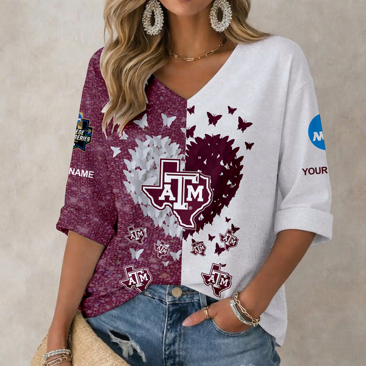 LIMITED DROP - NEW CUSTOMIZED | NCAA CWS27 TAA TEXAS A&M AGGIES WOMEN'S HEART V-NECK LONG SLEEVE SHIRT