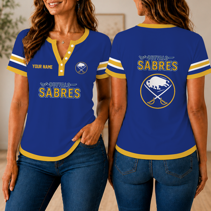 LIMITED EDITION - NEW CUSTOMIZED NHL28 BFS BUFFALO SABRES WOMEN'S SHORT SLEEVE HENLEY T-SHIRT