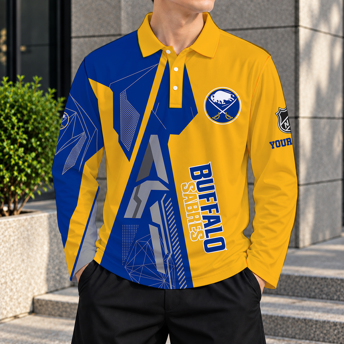 LIMITED DROP - NEW CUSTOMIZED NHL28 BFS BUFFALO SABRES MEN LONG SLEEVE POLO