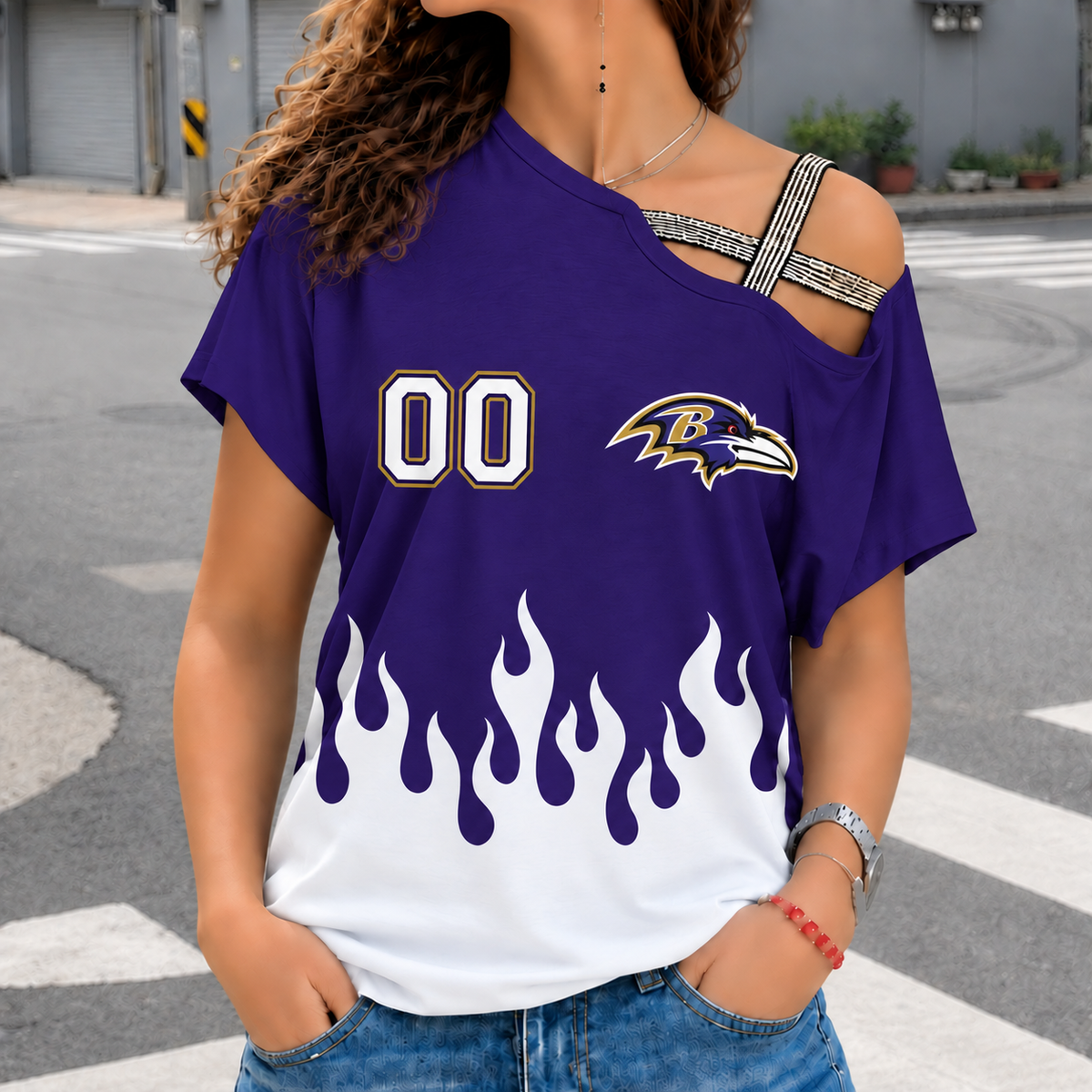LIMITED EDITION - NEW CUSTOMIZED NFL28 BTR BALTIMORE RAVENS WOMEN'S SHOULDER SHIRT