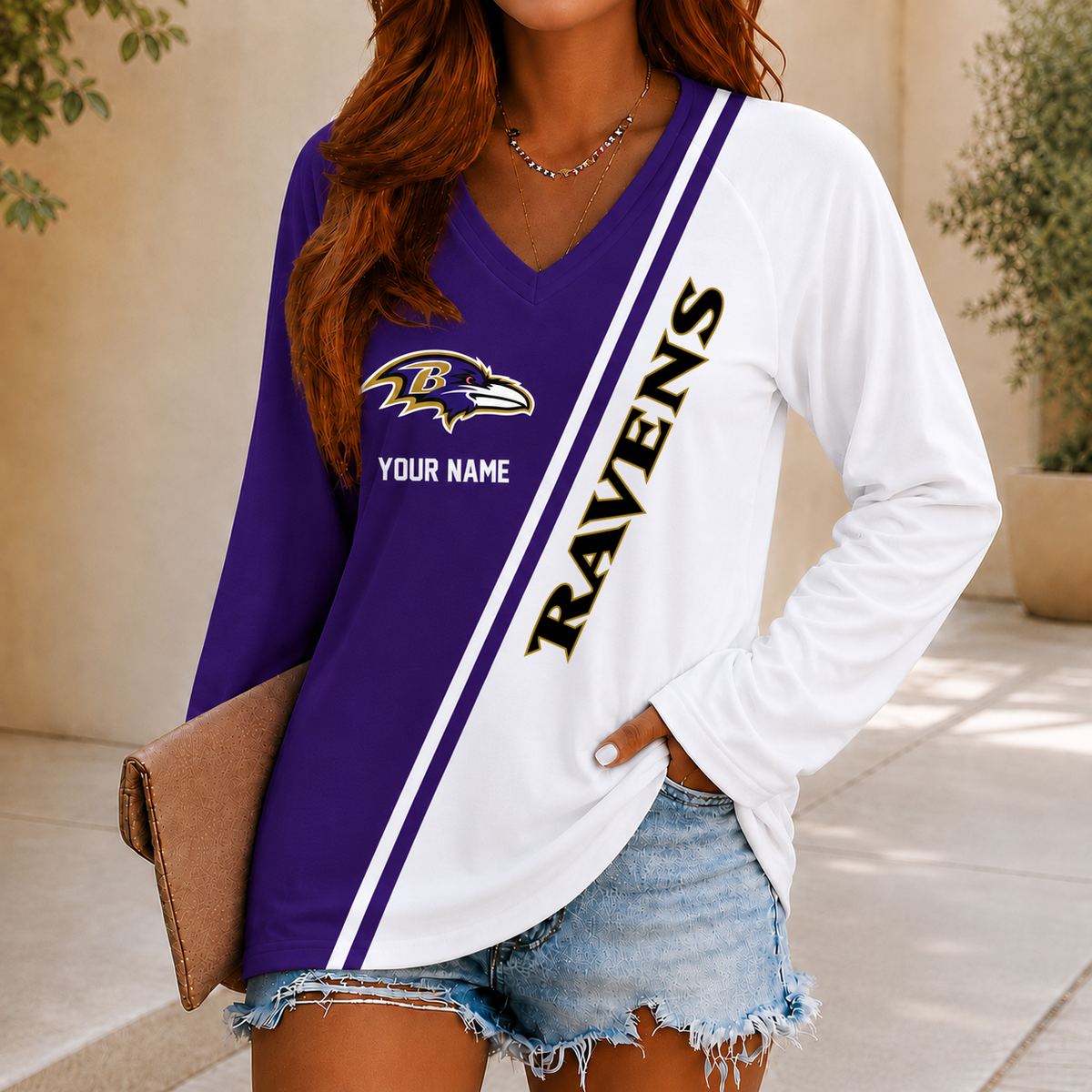 SPECIAL EDITION - NEW CUSTOMIZED NFL28 BTR BALTIMORE RAVENS WOMEN'S V-NECK LONG SLEEVED SHIRT