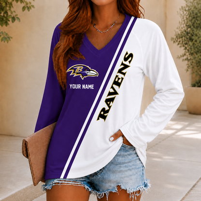 SPECIAL EDITION - NEW CUSTOMIZED NFL28 BTR BALTIMORE RAVENS WOMEN'S V-NECK LONG SLEEVED SHIRT