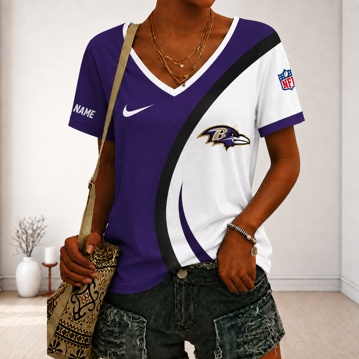 SPECIAL EDITION - NEW CUSTOMIZED NFL28 BTR BALTIMORE RAVENS V-NECK FEMALE SHIRT