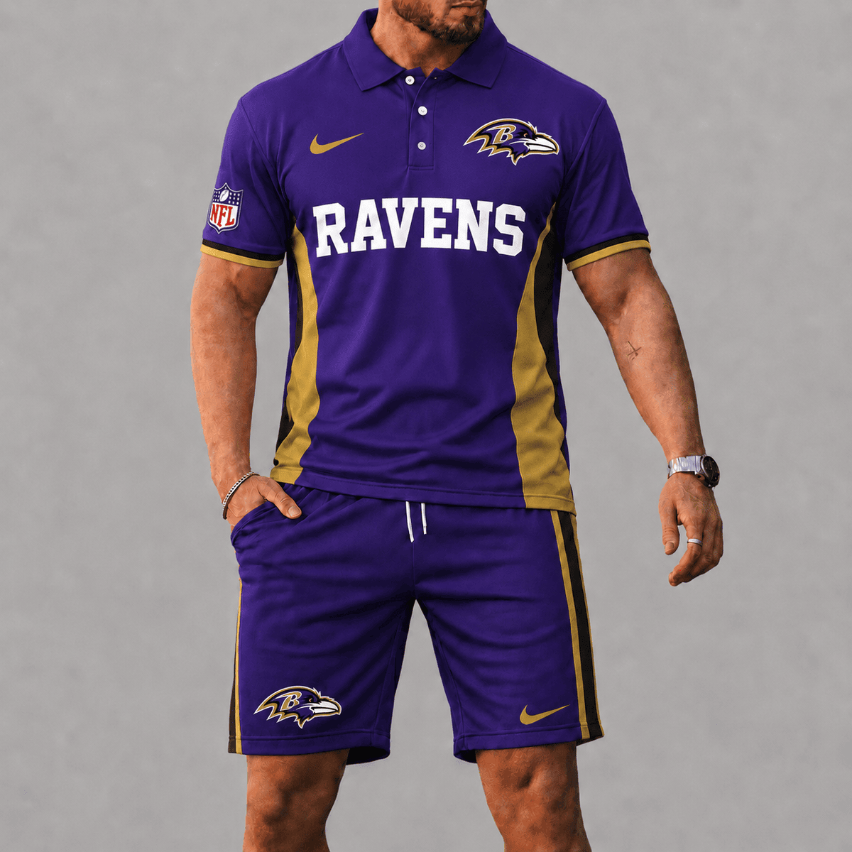 SPECIAL EDITION - NEW CUSTOMIZED | NFL28 BTR BALTIMORE RAVENS POLO SHIRT & SHORT PANTS SET