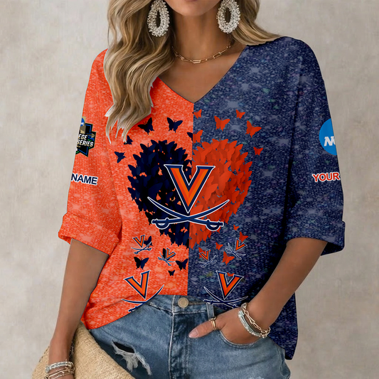 LIMITED DROP - NEW CUSTOMIZED | NCAA CWS28 VIC VIRGINIA CAVALIERS WOMEN'S HEART V-NECK LONG SLEEVE SHIRT