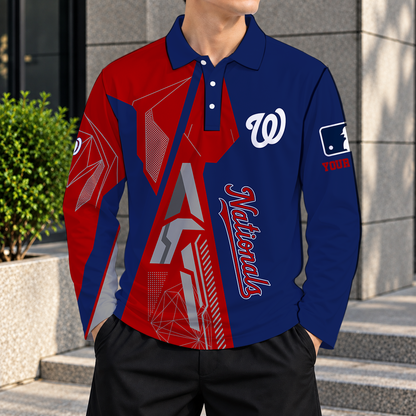 SPECIAL EDITION - NEW CUSTOMIZED MLB28 WNS WASHINGTON NATIONALS MEN'S LONG SLEEVE POLO