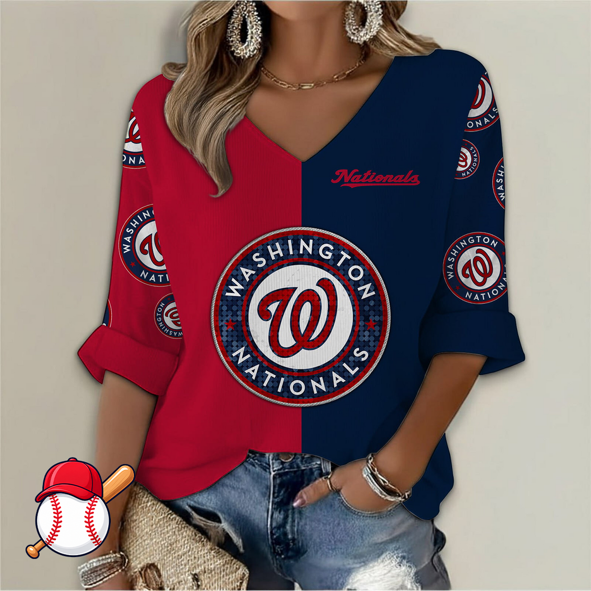 LIMITED EDITION - NEW CUSTOMIZED MLB28 WNS WASHINGTON NATIONALS WOMEN'S  V-NECK LONG SLEEVE SHIRT