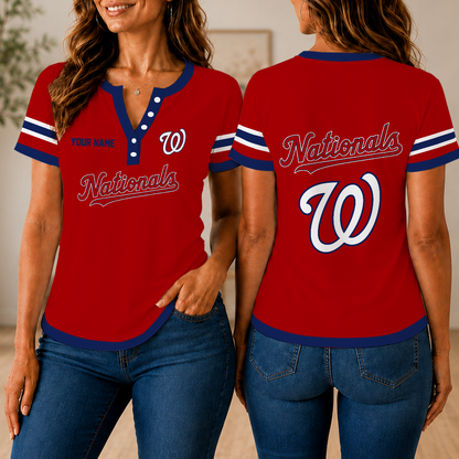 SPECIAL EDITION - NEW CUSTOMIZED MLB28 WNS WASHINGTON NATIONALS WOMEN'S SHORT SLEEVE HENLEY T-SHIRT