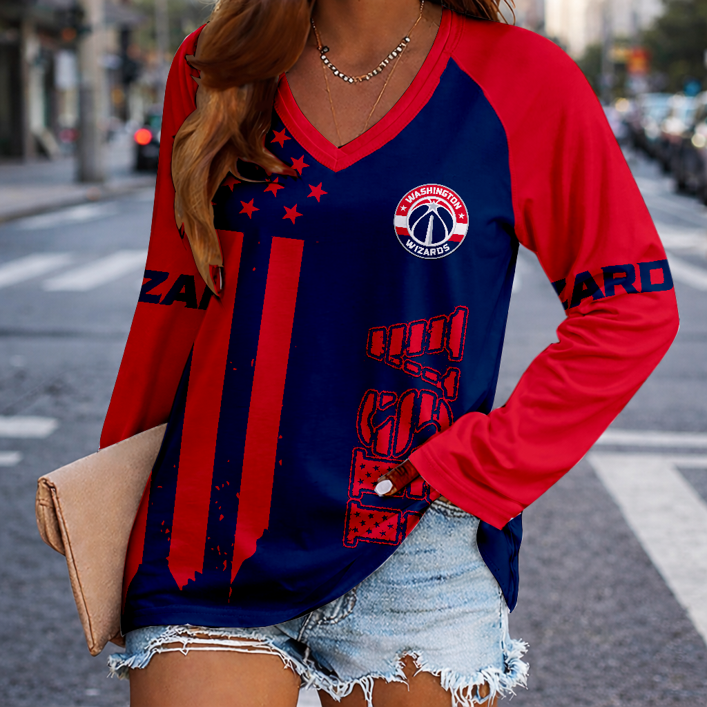 FINAL SALE - NEW CUSTOMIZED NBA28 WWI WASHINGTON WIZARDS WOMEN'S V-NECK LONG SLEEVED SHIRT