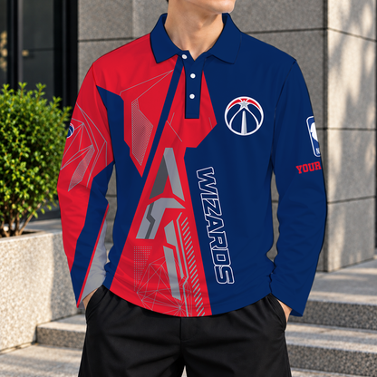LIMITED EDITION - NEW CUSTOMIZED NBA28 WWI WASHINGTON WIZARDS MEN'S LONG SLEEVE POLO