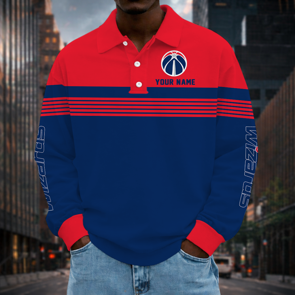 VIRAL EDITION - NEW CUSTOMIZED NBA28 WWI WASHINGTON WIZARDS MEN LONG SLEEVE POLO