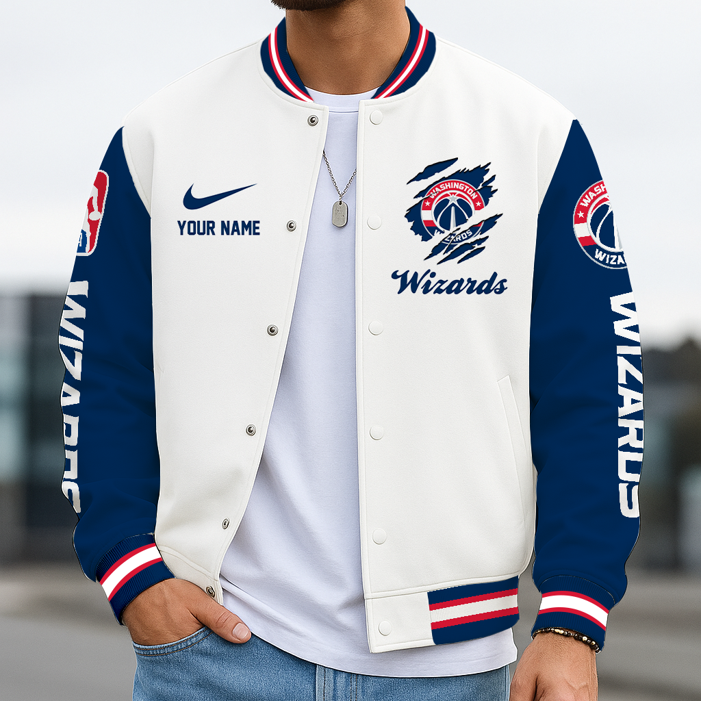 FINAL SALE - NEW CUSTOMIZED NBA28 WWI WA WIZARDS BASEBALL JACKET, SATIN VARSITY JACKET