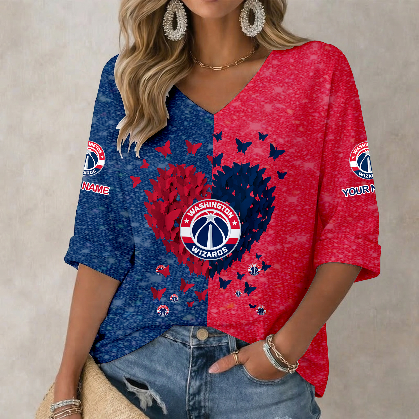 FINAL SALE - NEW CUSTOMIZED NBA28 WWI WASHINGTON WIZARDS WOMEN'S HEART V-NECK LONG SLEEVE SHIRT