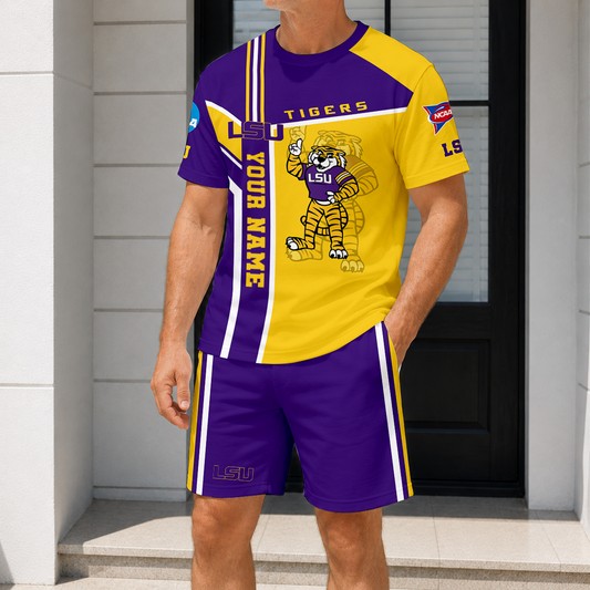 ELITE EDITION - NEW CUSTOMIZED NCAA FBS29 LST LSU TIGERS T-SHIRT & SHORT PANTS SET