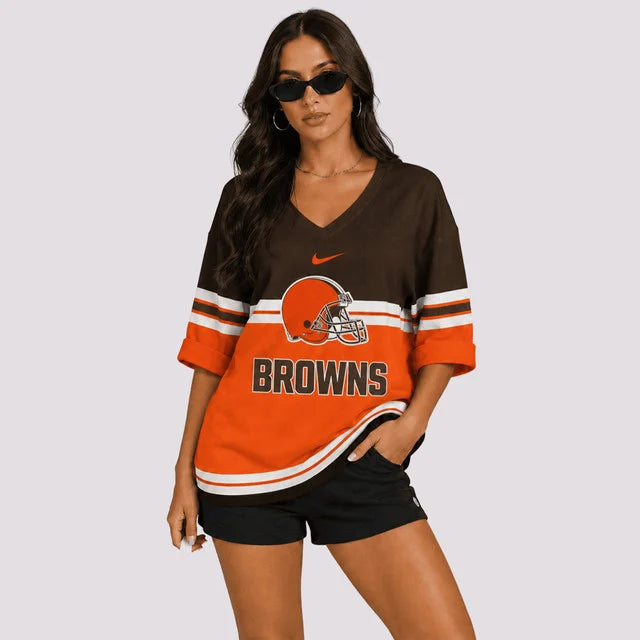 EXCLUSIVE EDITION - NEW CUSTOMIZED | NFL29 CLB CLEVELAND BROWNS WOMEN'S HEART V-NECK LONG SLEEVE SHIRT