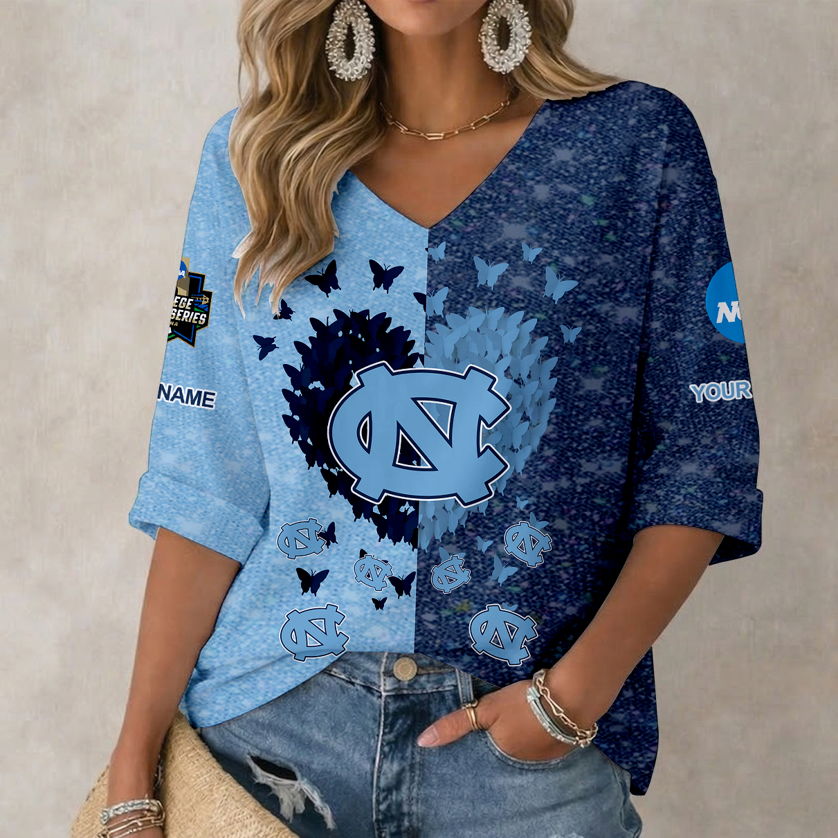 LIMITED DROP - NEW CUSTOMIZED | NCAA CWS29 NTH NORTH CAROLINA TAR HEELS WOMEN'S HEART V-NECK LONG SLEEVE SHIRT