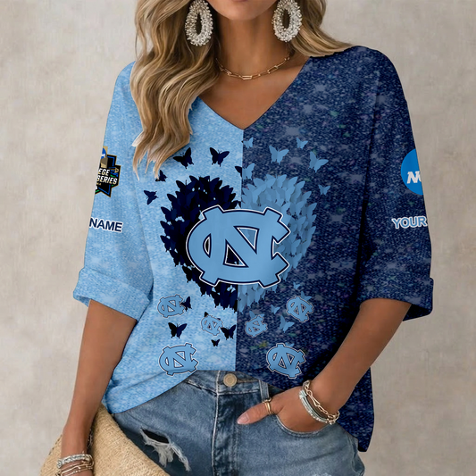 LIMITED DROP - NEW CUSTOMIZED | NCAA CWS29 NTH NORTH CAROLINA TAR HEELS WOMEN'S HEART V-NECK LONG SLEEVE SHIRT