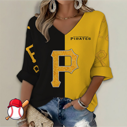 LIMITED EDITION - NEW CUSTOMIZED MLB29 PHP PITTSBURGH PIRATES WOMEN'S V-NECK LONG SLEEVE SHIRT