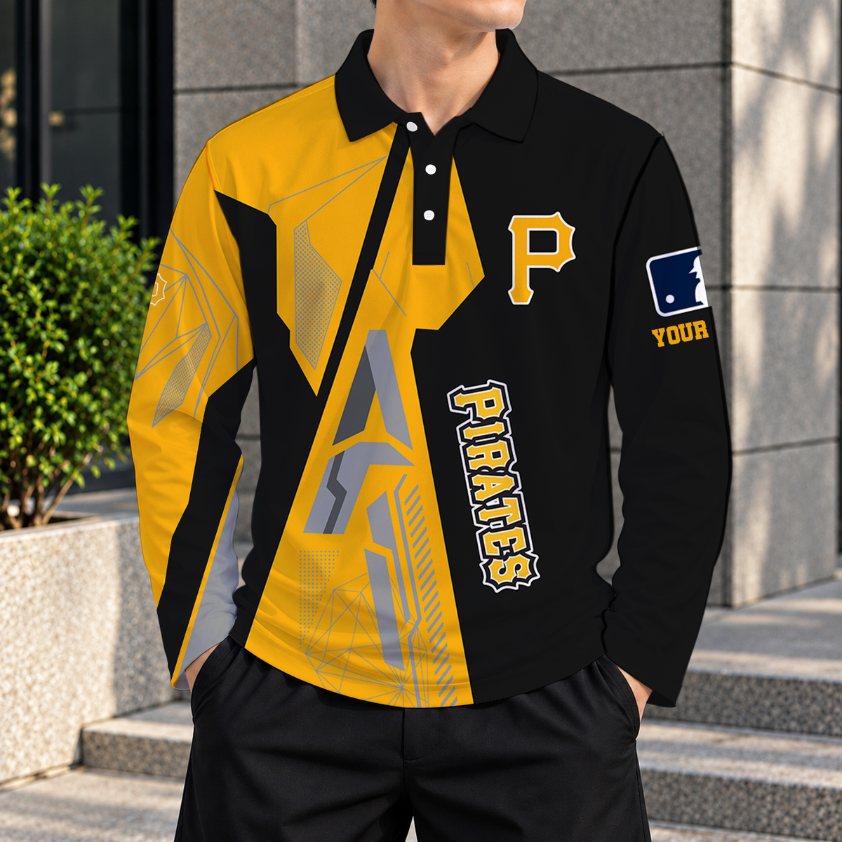 SPECIAL EDITION - NEW CUSTOMIZED MLB29 PHP PITTSBURGH PIRATES MEN'S LONG SLEEVE POLO