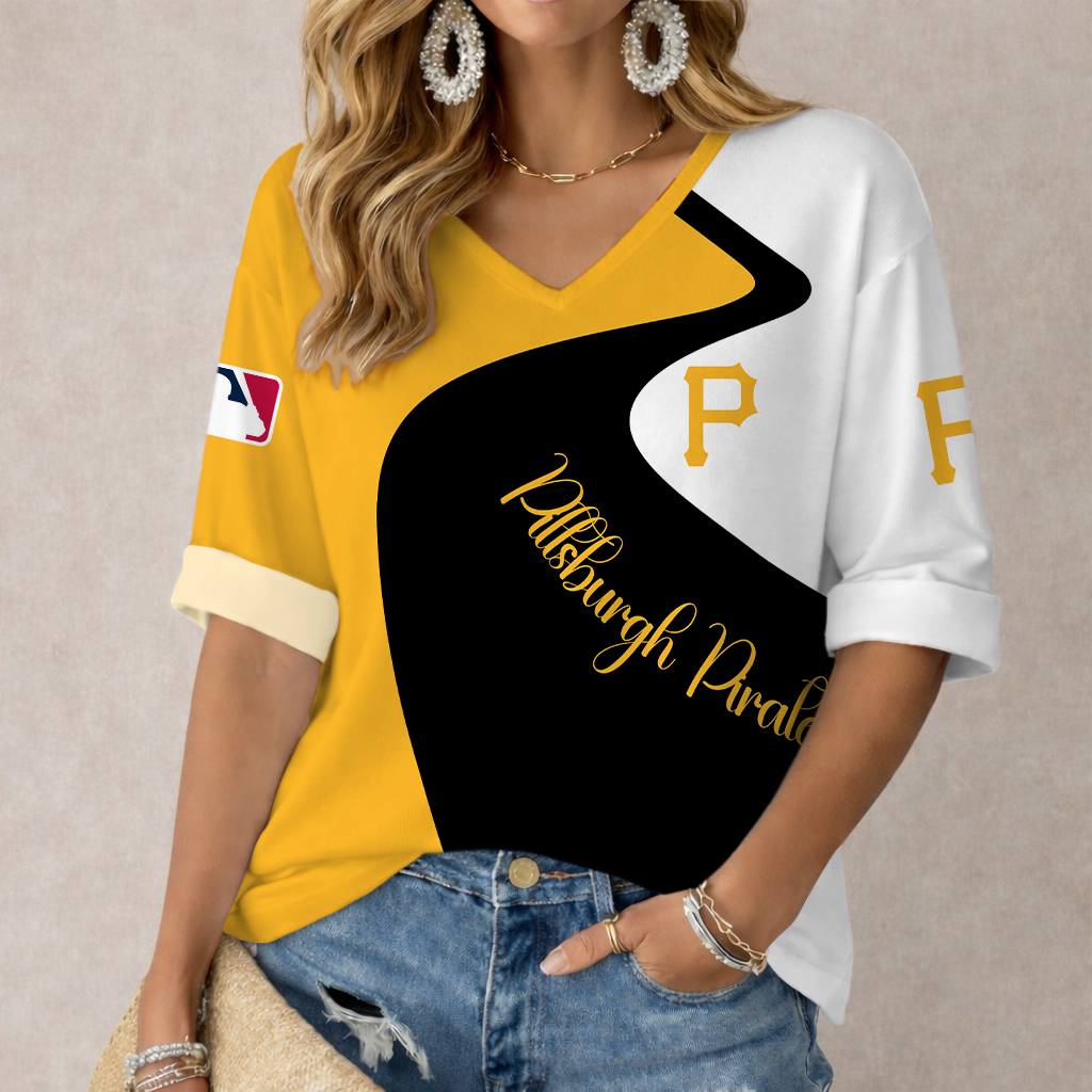 LIMITED EDITION - NEW CUSTOMIZED MLB29 PHP PITTSBURGH PIRATES WOMEN'S V-NECK LONG SLEEVE SHIRT
