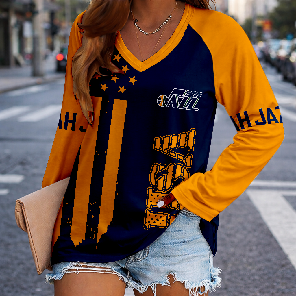 FINAL SALE - NEW CUSTOMIZED NBA29 UJZ UTAH JAZZ WOMEN'S V-NECK LONG SLEEVED SHIRT