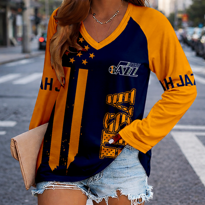 FINAL SALE - NEW CUSTOMIZED NBA29 UJZ UTAH JAZZ WOMEN'S V-NECK LONG SLEEVED SHIRT