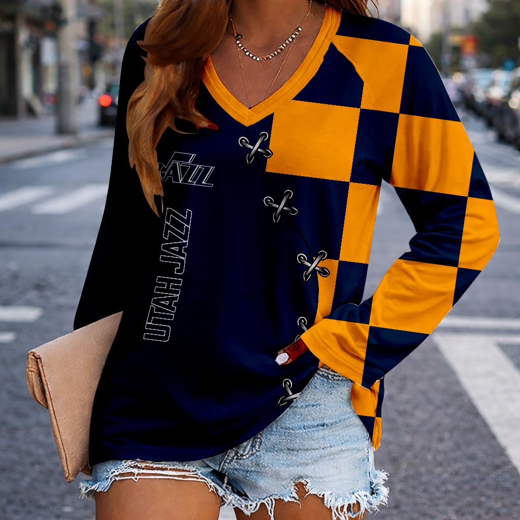 FINAL SALE - NEW CUSTOMIZED NBA29 UJZ UTAH JAZZ WOMEN'S V-NECK LONG SLEEVED SHIRT