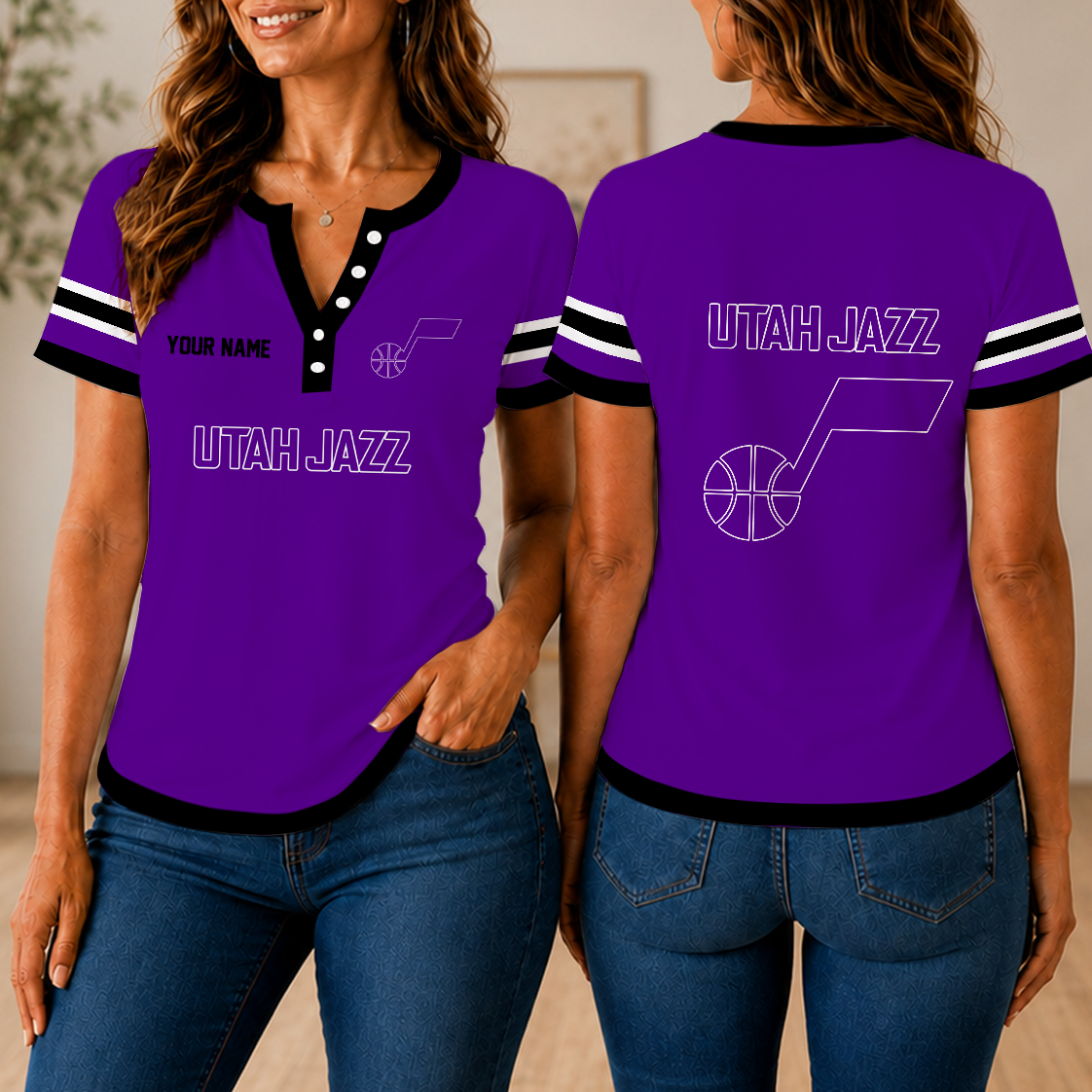 LIMITED EDITION - NEW CUSTOMIZED NBA29 UJZ UTAH JAZZ  WOMEN'S SHORT SLEEVE HENLEY T-SHIRT