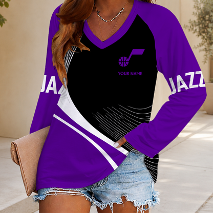 FINAL SALE - NEW CUSTOMIZED NBA29 UJZ UTAH JAZZ WOMEN'S V-NECK LONG SLEEVED SHIRT