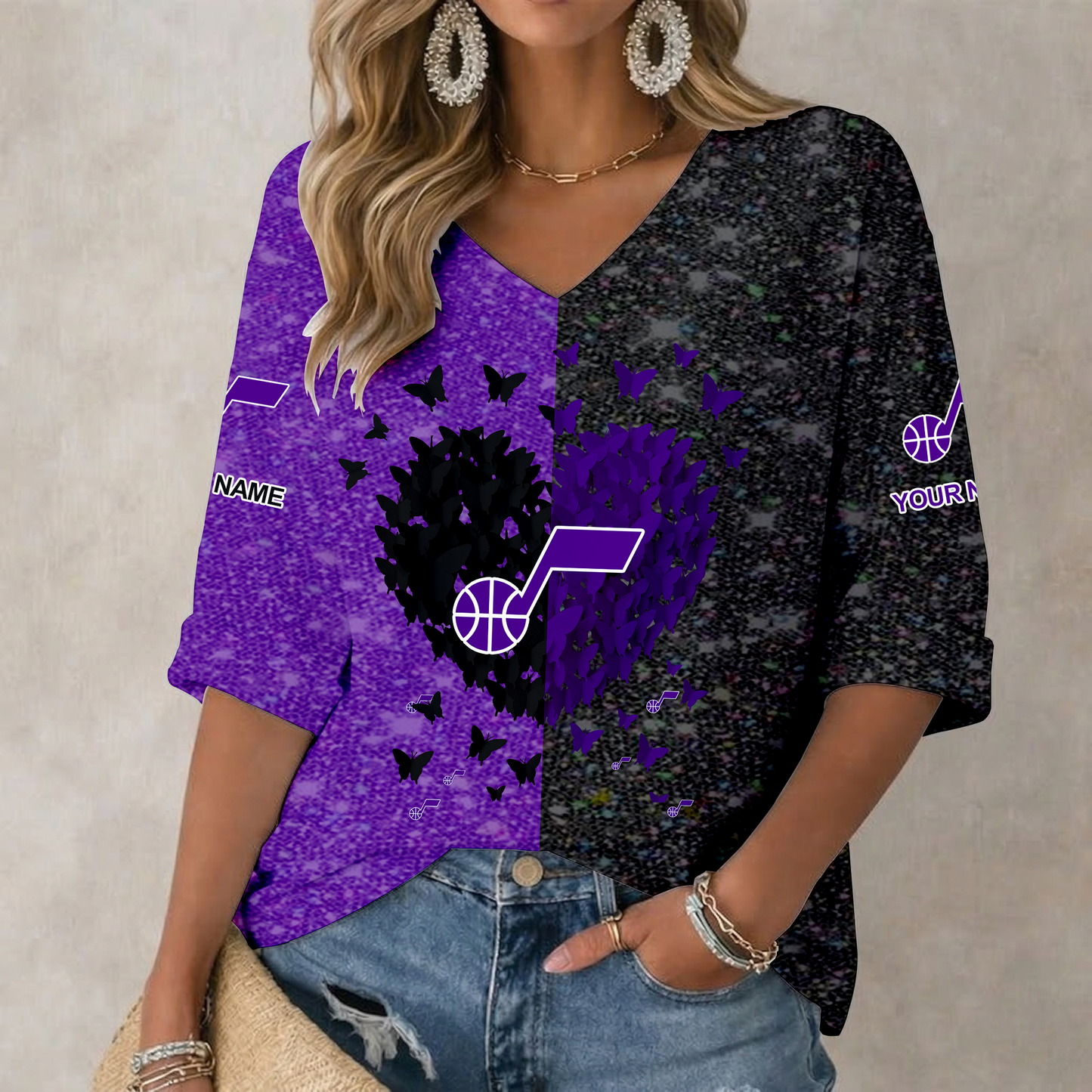 FINAL SALE - NEW CUSTOMIZED NBA29 UJZ UTAH JAZZ WOMEN'S HEART V-NECK LONG SLEEVE SHIRT