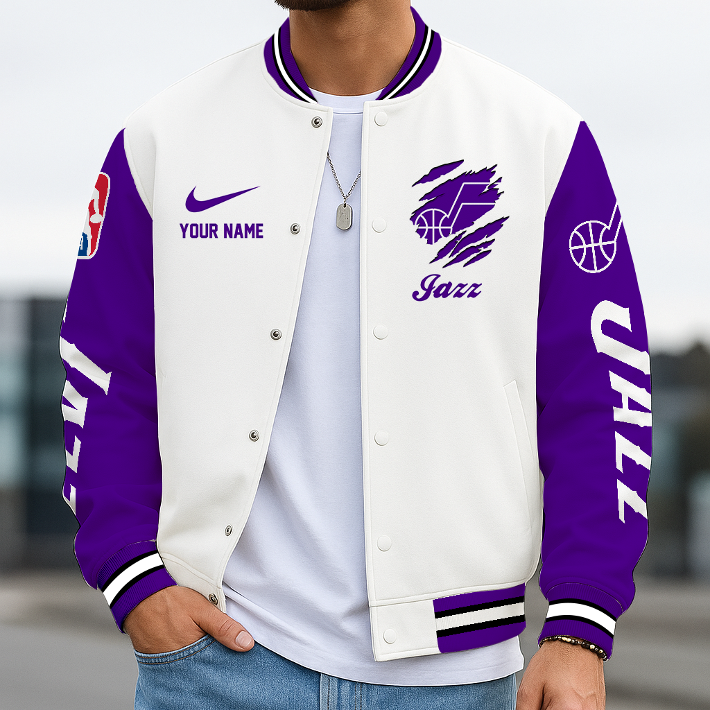 FINAL SALE - NEW CUSTOMIZED NBA29 UJZ UT JAZZ BASEBALL JACKET, SATIN VARSITY JACKET
