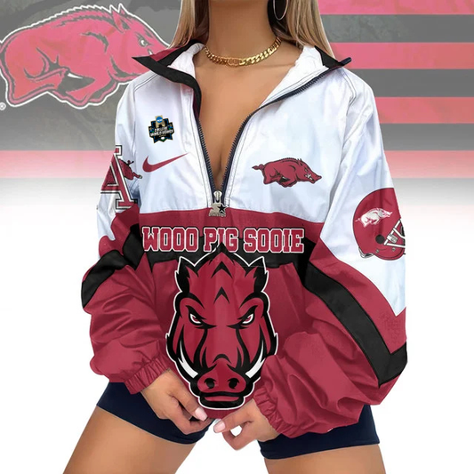 LIMITED EDITION - NEW CUSTOMIZED CWS NCAA03 AKR AK RAZORBACKS V-NECK ZIPPER SWEATSHIRT JACKET