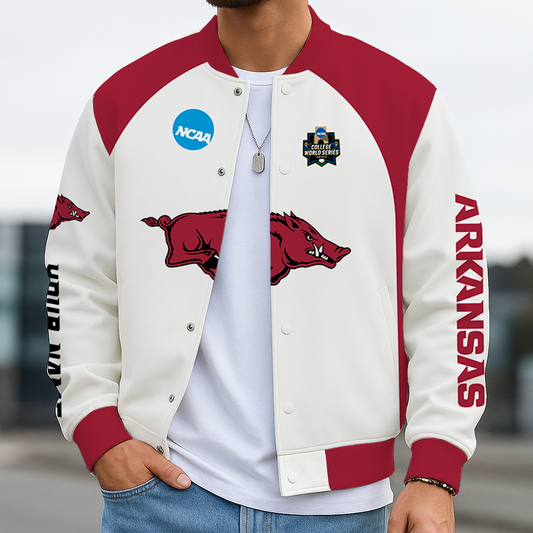 LIMITED DROP - NEW CUSTOMIZED|NCAA CWS03 AKR AK RAZORBACKS BASEBALL JACKET, SATIN VARSITY JACKET