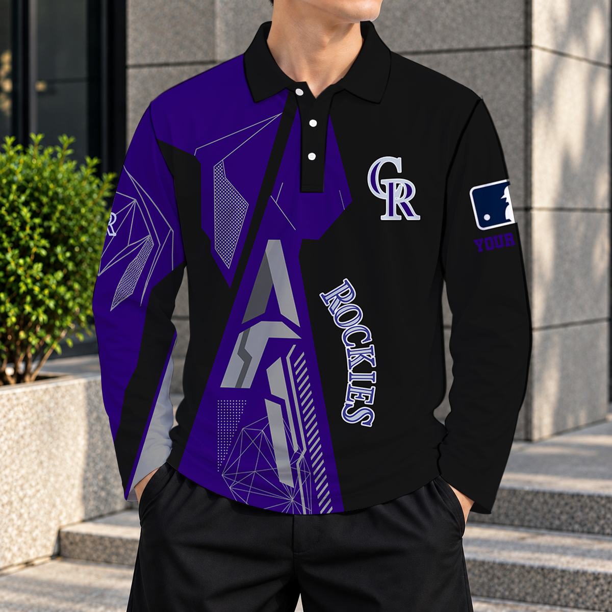 SPECIAL EDITION - NEW CUSTOMIZED MLB30 COR COLORADO ROCKIES MEN'S LONG SLEEVE POLO