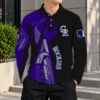 SPECIAL EDITION - NEW CUSTOMIZED MLB30 COR COLORADO ROCKIES MEN'S LONG SLEEVE POLO
