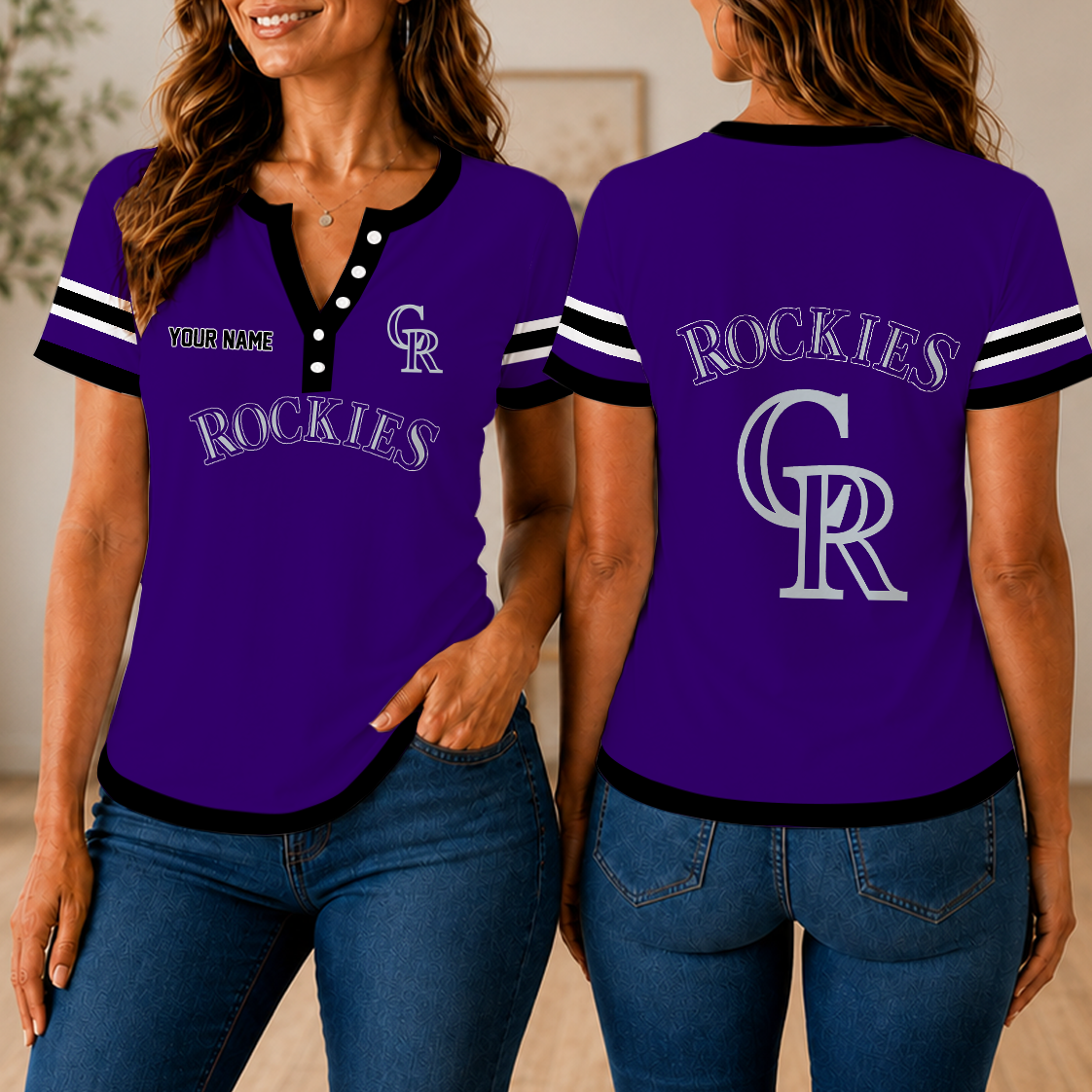 SPECIAL EDITION - NEW CUSTOMIZED MLB30 COR COLORADO ROCKIES WOMEN'S SHORT SLEEVE HENLEY T-SHIRT