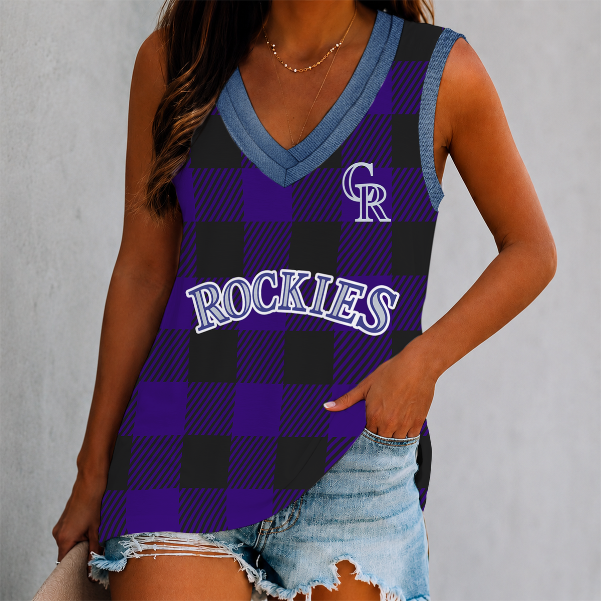 SPECIAL EDITION - NEW CUSTOMIZED MLB30 COR COLORADO ROCKIES WOMEN'S V-NECK TANK TOP