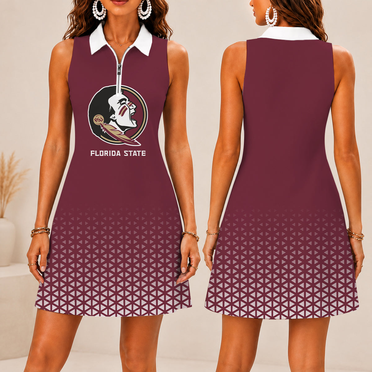 ELITE EDITION - NEW CUSTOMIZED | NCAA CWS30 FLS FLORIDA STATE SEMINOLES WOMEN'S ZIP SLEEVELESS POLO DRESS