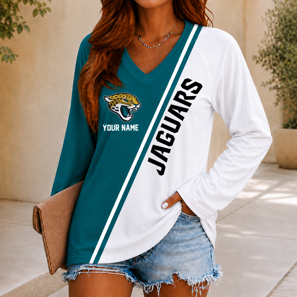SPECIAL EDITION - NEW CUSTOMIZED NFL30 JSJ JACKSONVILLE JAGUARS WOMEN'S V-NECK LONG SLEEVED SHIRT