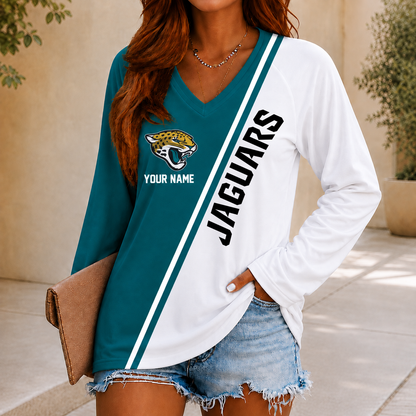 SPECIAL EDITION - NEW CUSTOMIZED NFL30 JSJ JACKSONVILLE JAGUARS WOMEN'S V-NECK LONG SLEEVED SHIRT