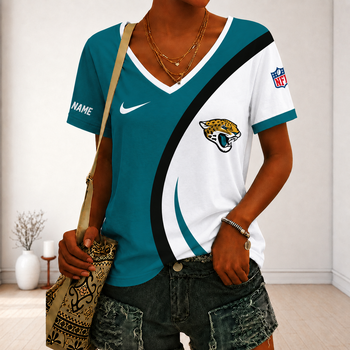 SPECIAL EDITION - NEW CUSTOMIZED NFL30 JSJ JACKSONVILLE JAGUARS V-NECK FEMALE SHIRT