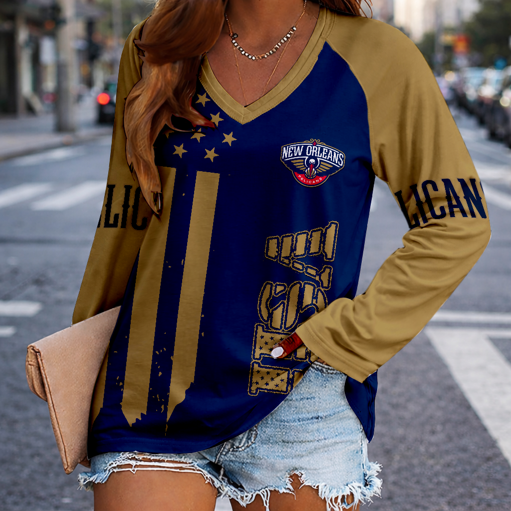 FINAL SALE - NEW CUSTOMIZED NBA30 NOP NEW ORLEANS PELICANS WOMEN'S V-NECK LONG SLEEVED SHIRT