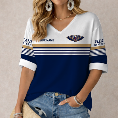 FINAL SALE - NEW CUSTOMIZED NBA30 NOP NEW ORLEANS PELICANS WOMEN'S HEART V-NECK LONG SLEEVE SHIRT