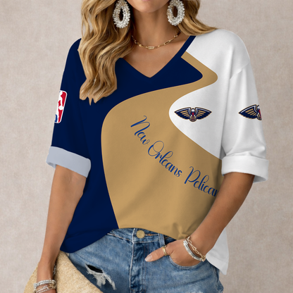 LIMITED EDITION - NEW CUSTOMIZED NBA30 NOP NEW ORLEANS PELICANS WOMEN'S V-NECK LONG SLEEVE SHIRT