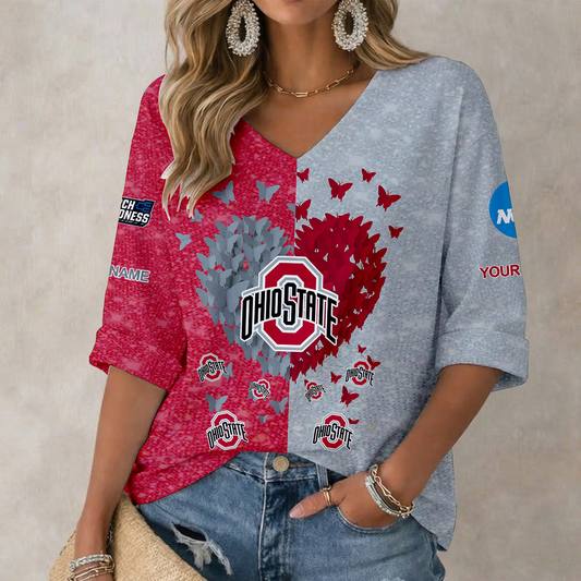 LIMITED EDITION - NEW CUSTOMIZED NCAA MAM30 OSB OHIO STATE BUCKEYES WOMEN'S HEART V-NECK LONG SLEEVE SHIRT