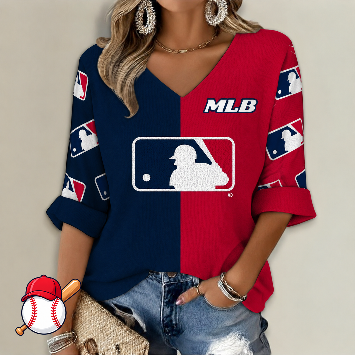 LIMITED EDITION - NEW CUSTOMIZED MLB31 MAJOR LEAGUE BASEBALL WOMEN'S V-NECK LONG SLEEVE SHIRT