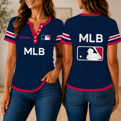 SPECIAL EDITION - NEW CUSTOMIZED MLB31 MAJOR LEAGUE BASEBALL WOMEN'S SHORT SLEEVE HENLEY T-SHIRT