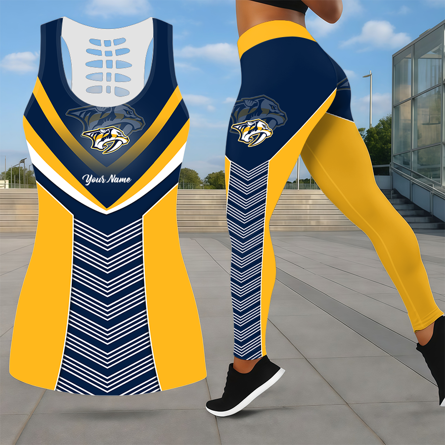 LIMITED EDITION - NEW CUSTOMIZED NHL31 NVP NASHVILLE PREDATORS LEGGINGS & HOLLOW TANK TOP SET