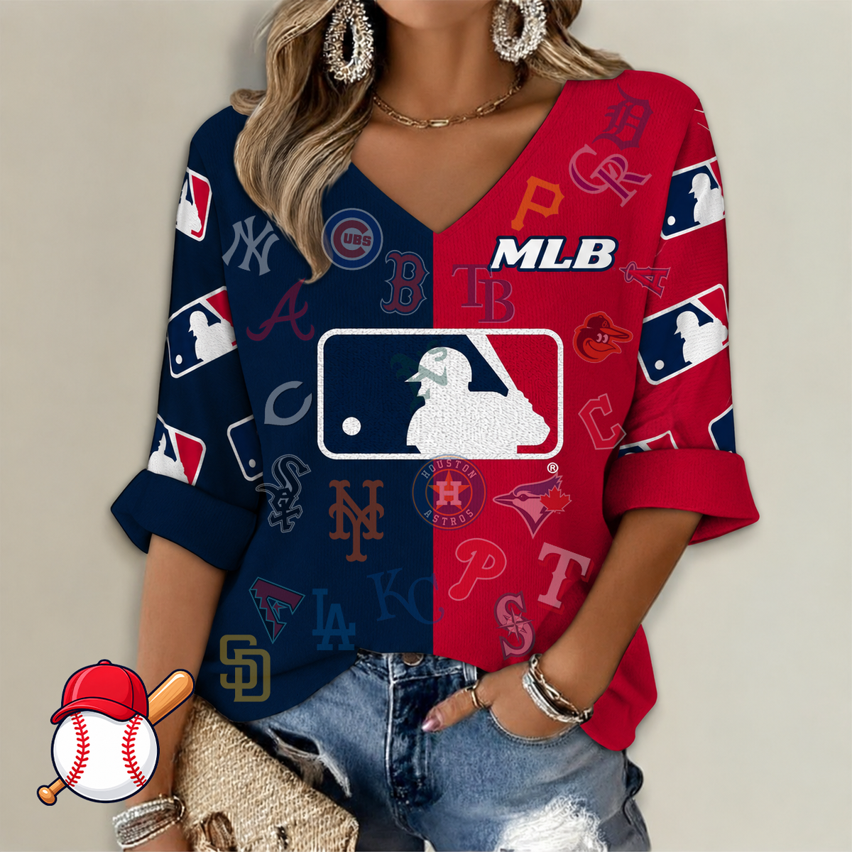 LIMITED EDITION - NEW CUSTOMIZED MLB32 ALL TEAMS WOMEN'S V-NECK LONG SLEEVE SHIRT